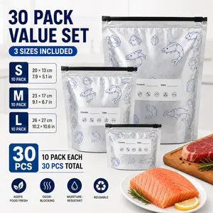 30 Pack Reusable Aluminum Foil Food Storage Bags, 3 Sizes Resealable Freezer Bags with Slider Zipper Seal, Odor-Blocking Moisture-Resistant Meal Prep Bags for Meat, Seafood, Snacks, Fruit, Veggies, Fridge & Freezer Organization
