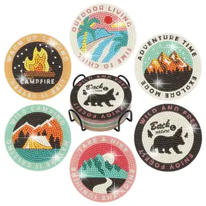 6Pcs/Set Diamond Painting Coasters with Holder,DIY Outdoor Camping Coasters Diamond Art Kits for Beginners,Adults,Small Diamond Painting Art Craft Supplies,Christmas Party Gifts,Hand Tools Kits