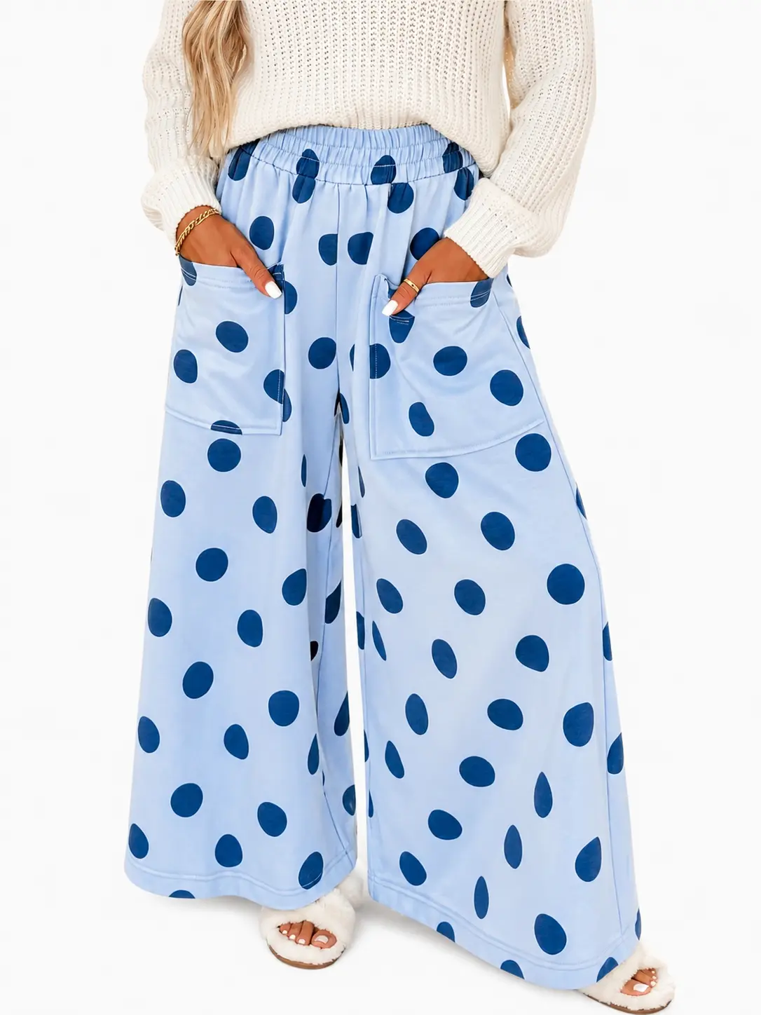 Women's Casual Wide Leg Pants, High Waisted Elastic Waist Polka Dot Trousers, Comfortable Loose Fit Flowy Palazzo Pants for Summer Beach Vacation