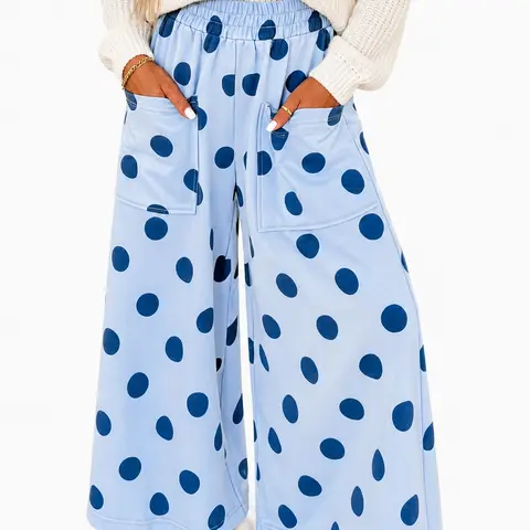 Women's Casual Wide Leg Pants, High Waisted Elastic Waist Polka Dot Trousers, Comfortable Loose Fit Flowy Palazzo Pants for Summer Beach Vacation Wideleg