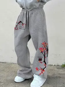 Men's Fashion Casual Simple Straight Leg Pants, Lazy Style Loose Sweatpants, Plum Pattern Print, Suitable for Daily Wear, Chic Boho Trousers