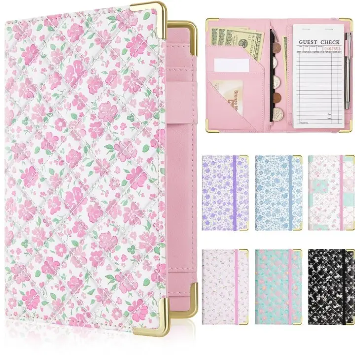 Cute Server Book for Waitress Quilted PU Leather Zipper Pocket Pen Holder Fits Apron Organize Cash Checks Cards