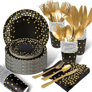 175PCS Black and Gold Party Supplies, Severs 25 Disposable Party Dinnerware Gold Plastic Forks Knives Spoons and Golden Dot Black Paper Plates Black Napkins Cups for New Years Graduation Birthday AIRE