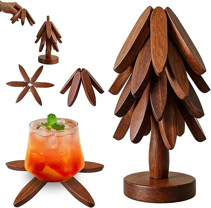 Natural Foldable  Trivet Set - 4 Trivets + 1 Stand for Hot Dishes, Pot, Bowl, Teapot, Hot Pot Holders，Foldable Kitchen Decorfor Pots, Bowls, Cups & Hot Pots Kitchenware eco-friendly, decorative items Interesting Gift for Christmas