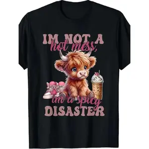 🐮💥[Graphic Tee]"I'm Not A Mess I'm Spicy Disaster Graphic T-Shirt – Cute Pink Highland Cow with Fashion Glasses, 100% Cotton Crewneck Tee, Classic Men’s Streetwear Shirt, Soft & Breathable Summer Apparel, Perfect Gift for Dads & Men"