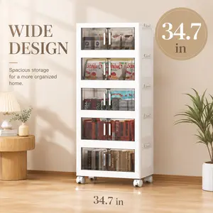 Naviconvex White Extra Large Foldable Storage Cabinet with Magnetic Doors and Wheels 3 4 5 Tier Stackable Plastic Organizer for Kitchen Bathroom Bedroom Closet Organizati*on