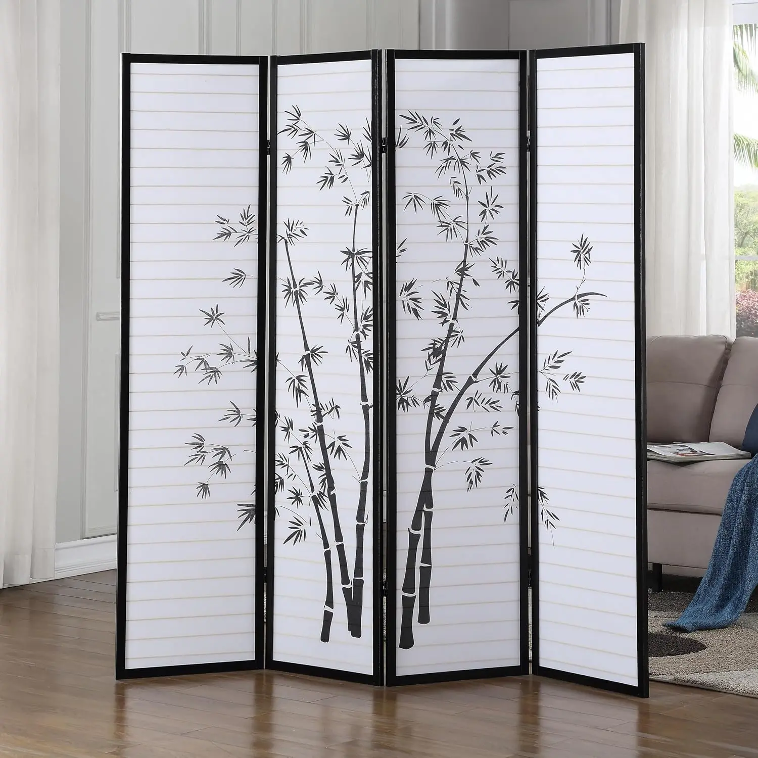 Bamboo Print 4-Panel Framed Room Screen/Divider, black