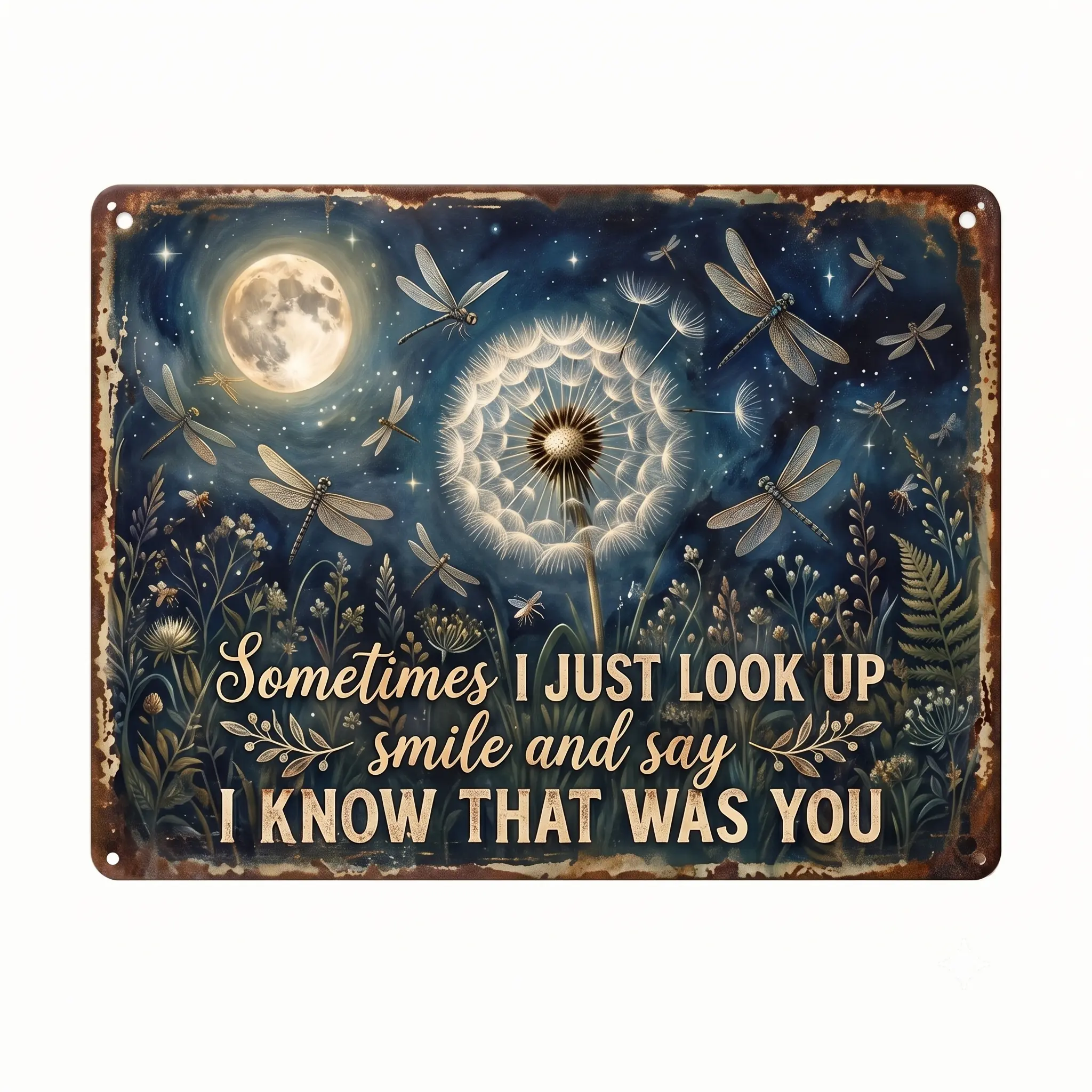 Vintage A Messenger From Heaven Dragonfly Dandelion Memorial Metal Sign, 12x8In, 16x12In, Metal Wall Art for Living Room, Bedroom & Garden Decor