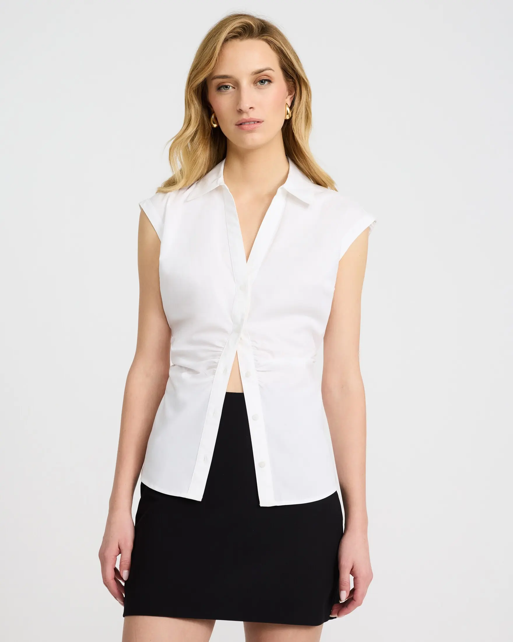 Express Stretch Cotton Poplin Cap Sleeve Ruched Shirt, Button Front, S, M, Women