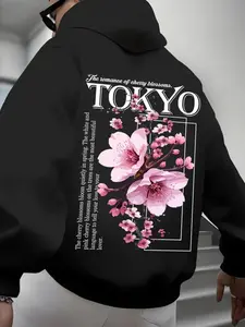 New Men's Homewear Tokyo Cherry Blossom, Spring & Fall Loose Fit Long Sleeve Casual Floral Print Hoodie Sweatshirt with Pockets