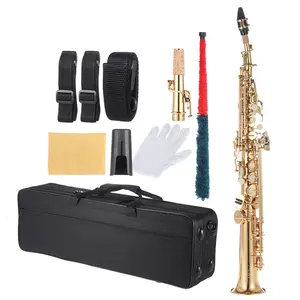 Brass Straight Soprano Sax Saxophone Bb B Flat Woodwind Instrument Natural Shell Key Carve Pattern with Carrying Case Gloves Cleaning Cloth Straps Cleaning Rod