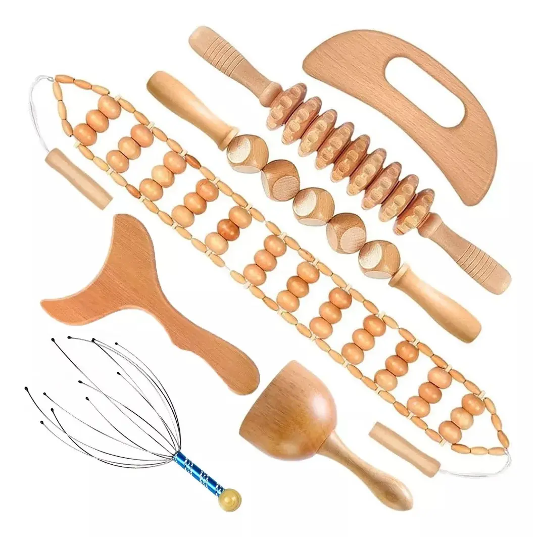 7-Piece Wooden Manual Relief Roller Self Care Products Kit - Head & Body Massager, 5-Wheel Firming/Lifting Tool, Fragrance-Free, No Electricity/Batteries Needed (Beauty & Personal Care)
