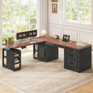 Sedeta Rustic L-Shaped Adjustable Standing Desk (63x67 in) - Electric Standing Desk with Steel Frame, Drawers, Shelves, Power Outlet for Executive Home Office Furniture