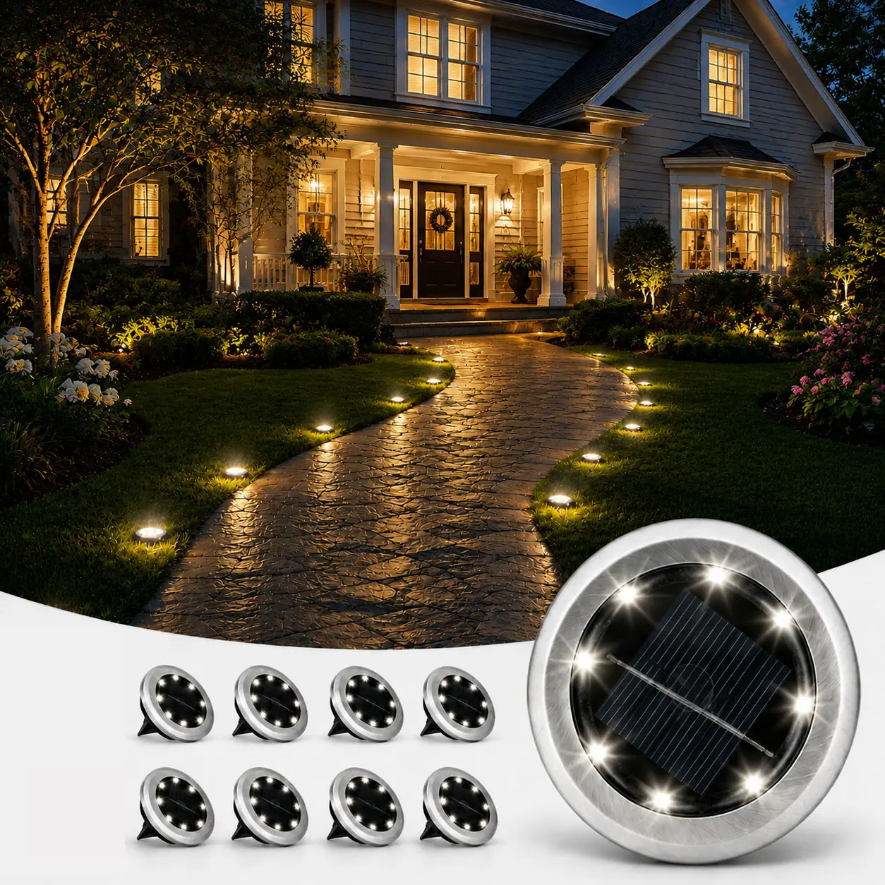 8-Pack Mini Solar Ground Lights - Stainless Steel, Water Resistant Solar Outdoor Lights with Batteries, Festive Decor for Driveway, Walkway Outdoor Landscape Lights Solar Garden Lights