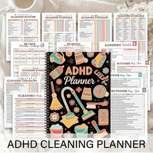 ADHD Cleaning Planner Notebook with Cleaning Schedule, Checklists, Daily/Weekly/Monthly/Yearly Organizer - Home and Office Cleaning Log, Spiral-Bound Productivity Planner (with broom, mop, laundry icons) - Suitable for Home, Office, ADHD/Executive Functio