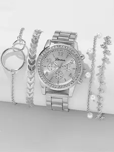 5PCS Quartz Watch Set Women Fashion Silver Round 3 Eyes Alloy Strap Wristwatch Gift Rhinestone Watch For Women Jewelry Set Bracelet Watch Set