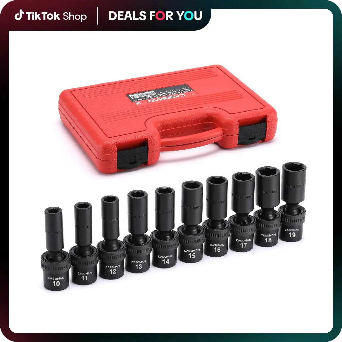 CASOMAN 10-Piece 1/2" Drive Deep Universal Impact Sockets Set - 6-Point Metric 10-19mm Hex Wrench, Chrome Molybdenum Steel, Flex Socket Mechanic Hand Tools