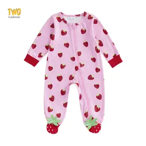 Infant Baby Girls Romper Long Sleeve Crew Neck Strawberry Print Footed Spring Fall Jumpsuit For Newborn