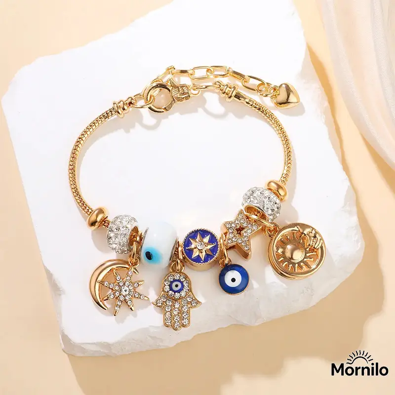 Celestial Charm Bracelet for Women, Gold Adjustable Charm Bracelet with Evil Eye, Moon, Hamsa Hand & Sun Charms, Lucky Protection Jewelry, Boho Bracelet, Y2K Jewelry, Stackable Bracelet, Gift for Her