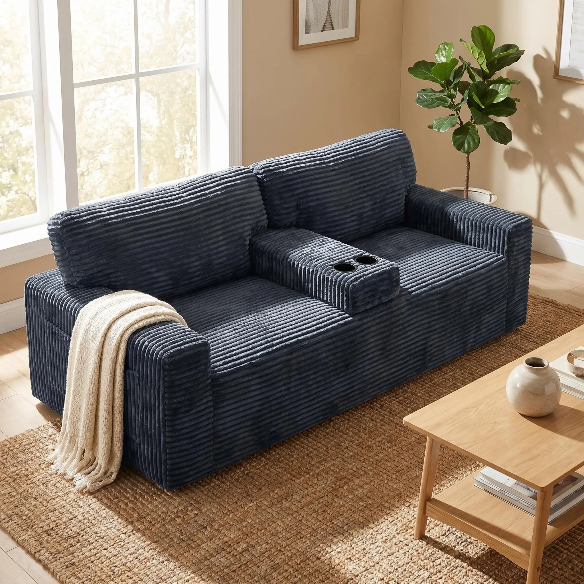 91.7" No-Leg Compression Sofa, Plush Corduroy with Built-in Cup Holders and Side Storage Pocket for Living Room ,Gray