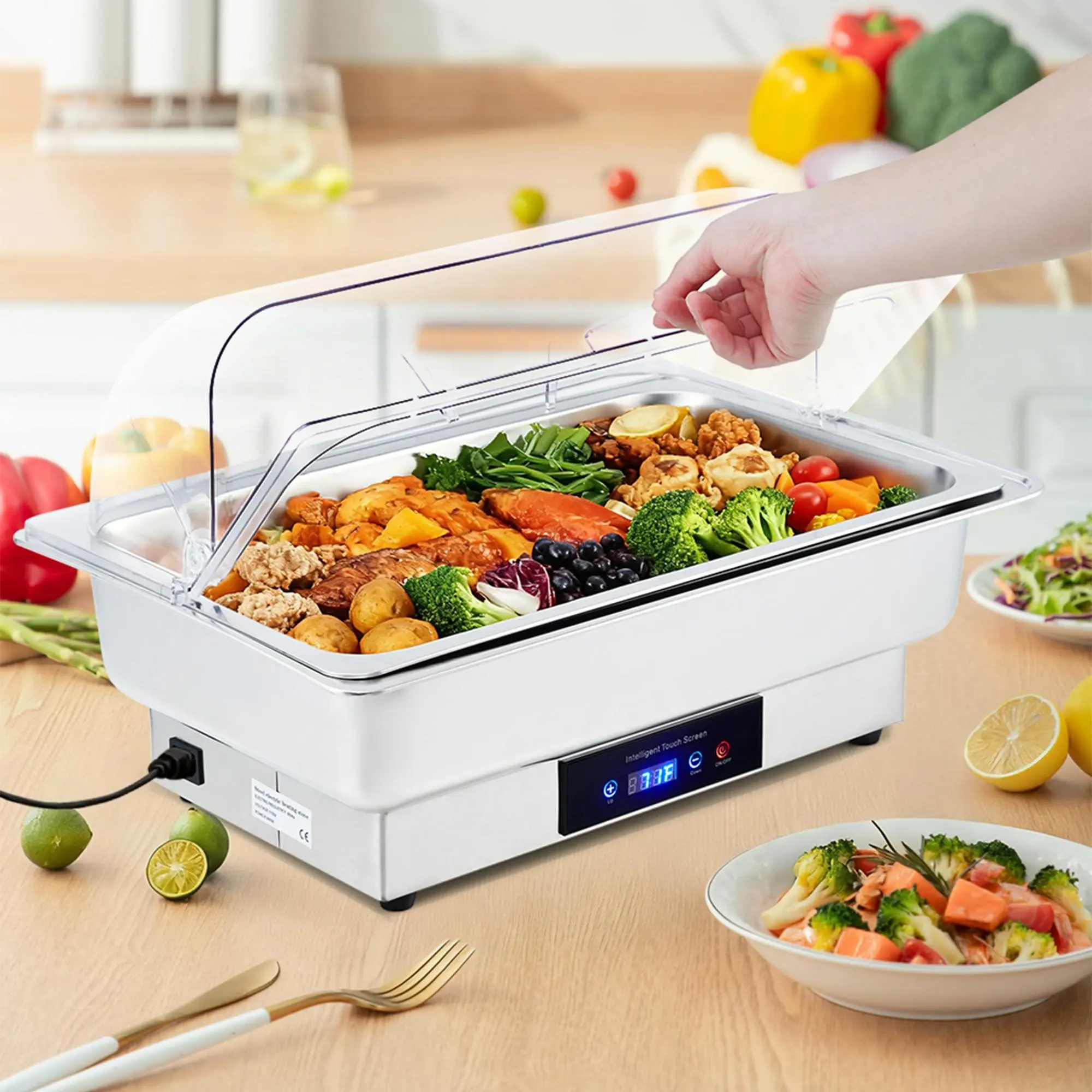Electric Chafing Dish Buffet Warmer, 600W 110V Stainless Steel Food Warmer with Clear 90° Roll Top Lid, Touch Screen Temp Control 68-185°f, 9QT Full-Size Pan, for Catering Parties Restaurant