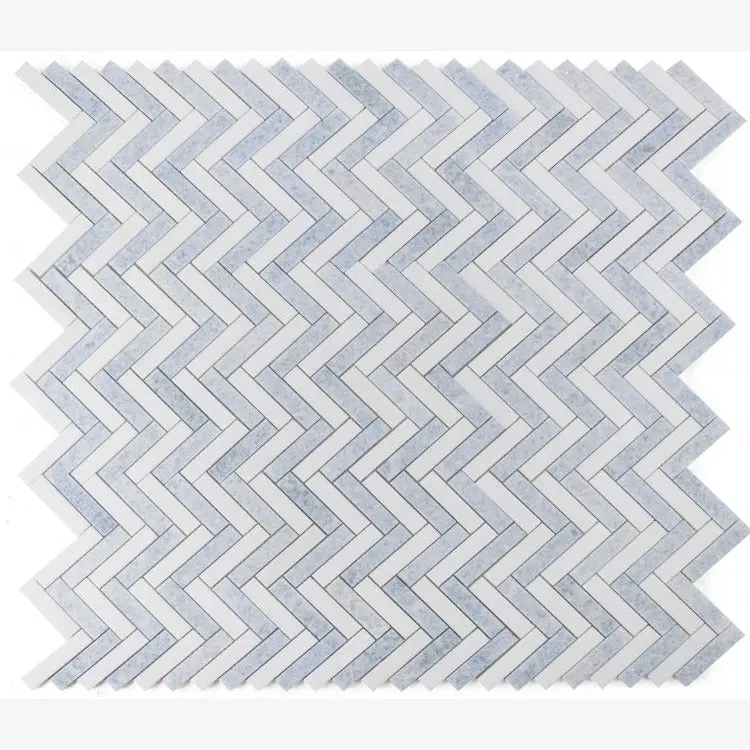 Celestial White & Azul Celeste (Blue) Herringbone 1X4 Polished Mosaic Tile Sample