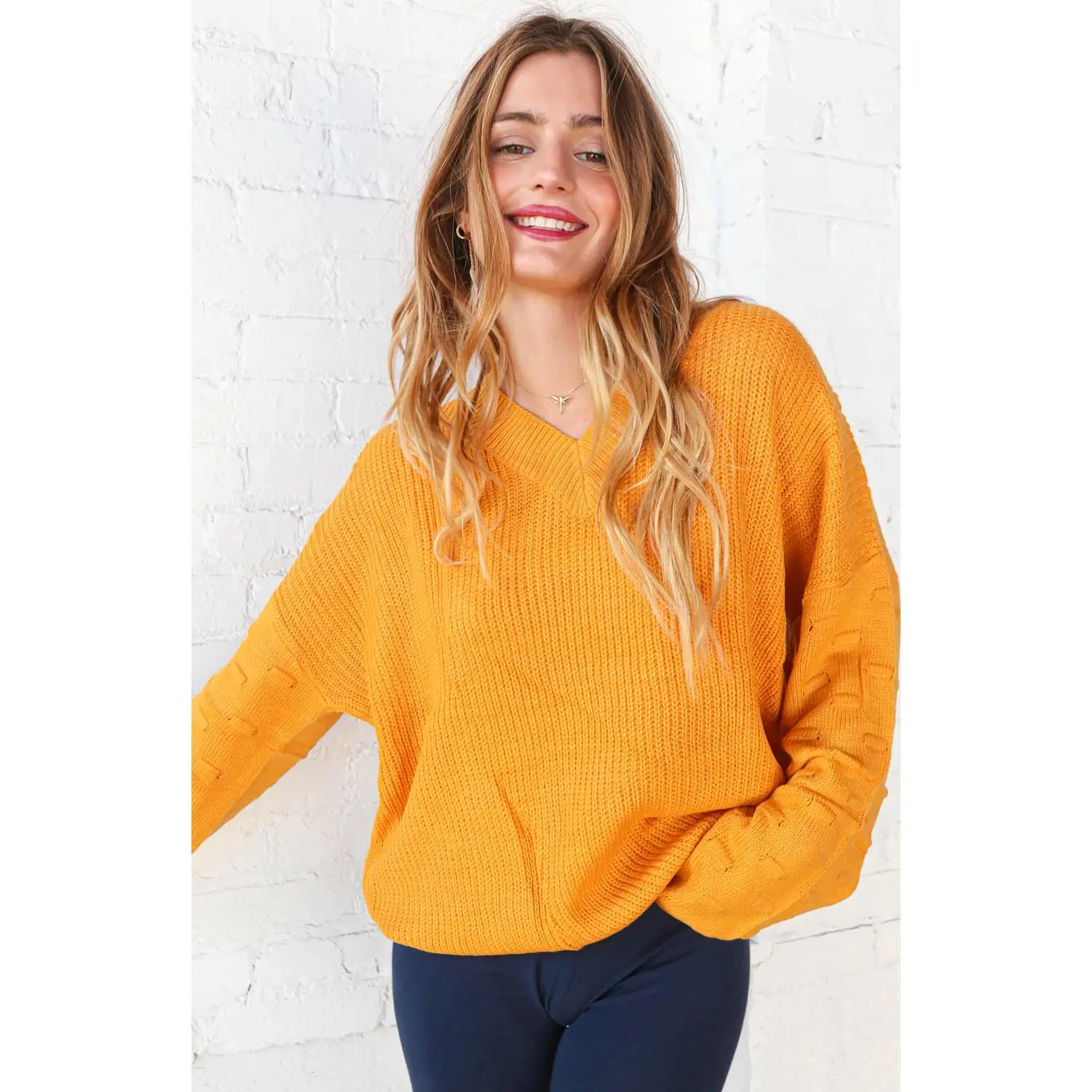 Mustard V Neck Chunky Textured Bubble Sleeve Sweater