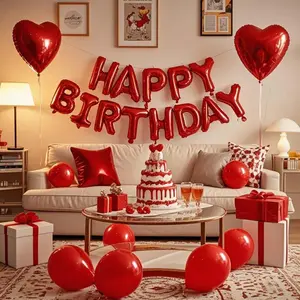 1 Set Red Birthday Decorations, 3D Aluminium Foil Red Happy Birthday Balloon Banner, Pentagram Heart Foil Balloons Confetti Balloons Kit For Boys Girls Birthday Party Supplies