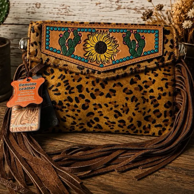 Cheetah Print Cowhide with a Sunflower Tooled Fringe Crissbody