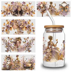5 Sheets Floral Fantasy UV DTF Stickers UV DTF 16oz Libbey Cup Wraps - Waterproof, Scratch-Resistant DIY Decals with 3D Crystal Effect, Self-Adhesive Transfer Paper for Cup Decoration, Floral & Bird Design