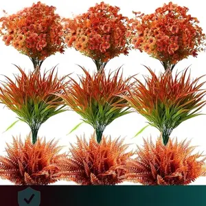 Artificial Pumpkin Flower Plant Decoration, Plastic Floral Plant, 18pcs/set Faux Fall Flowers Grass Ferns Arrangements, UV Resistant Outside Faux Fall Greenery for Pot Garden Window Box Patio Home