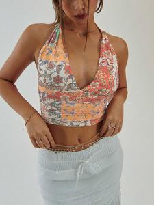 women's floral print halter neck top, halterneck sleeveless cropped top for summer, women's boho chic sleeveless clothing for beach holiday vacation, sleeveless tie back womenswear, lady bohemian summer tank tops, floral print camisoles