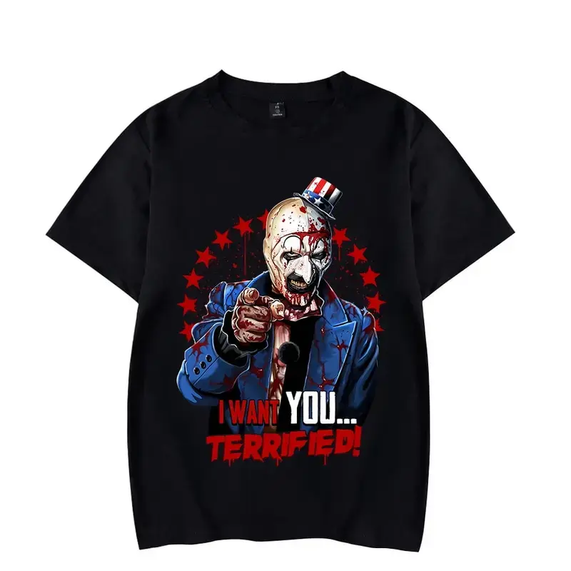 Men's Terrifier Graphic Tshirt, Scary Horror Movie Shortsleeve Crew Neck Tops, Casual Streetwear for Halloween, Christmas Gift, Menswear, Horror Theme