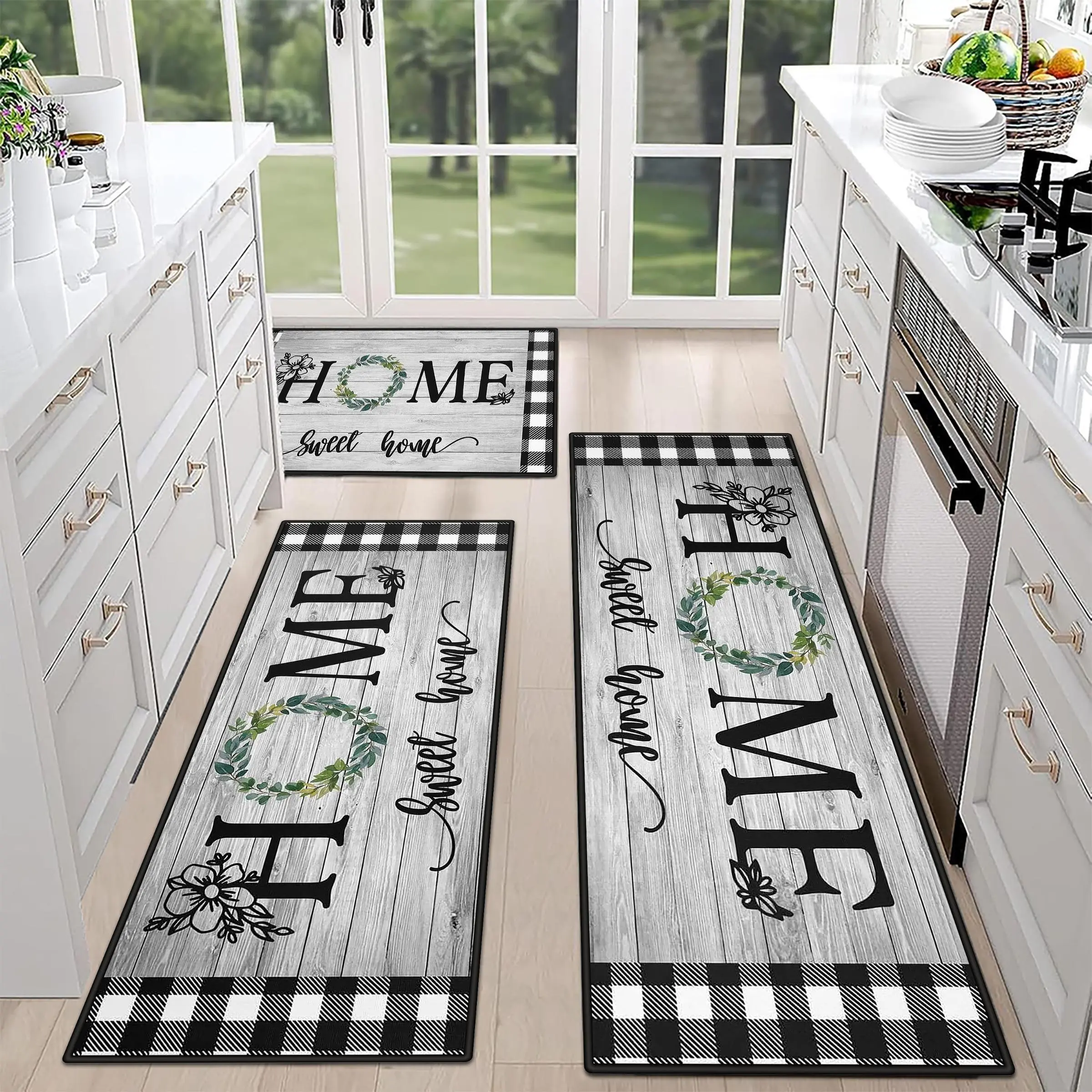 3-Piece Set Wooden Farm Style Bohemian Kitchen Rugs, Washable Non-Slip Low-Profile Mats for Kitchen, Laundry and Hallway Decor