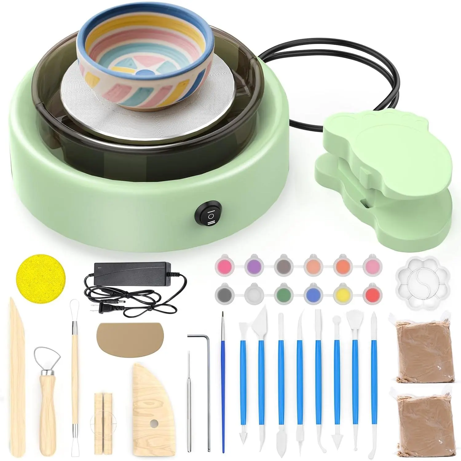 9.5" Mini Pottery Wheel for Beginners - 2.2LB Air-Dry Clay, Carving Tools, Adjustable Speed, Glow-in-Dark Art Craft Kit, Home Decor DIY Project, Birthday Gift (Hand Tool for Specialty Craft Use), Craft Supplies, Foot Pedal