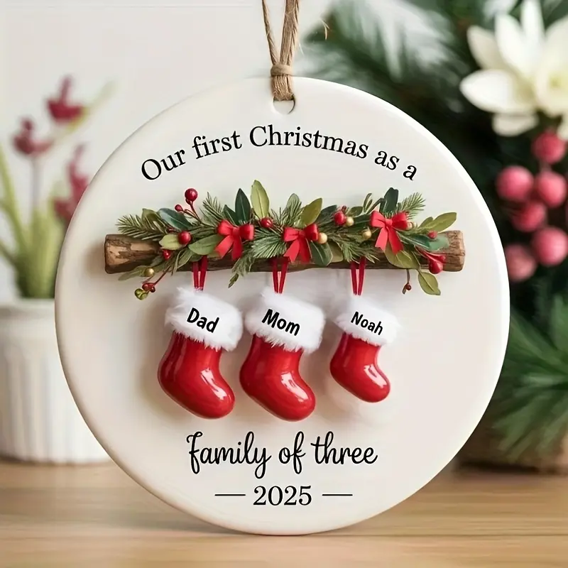 Personalized Family of Three 2025 Ceramic Christmas Ornament - Custom New First Christmas Keepsake with Names (Mom, Dad,) - Footprint Option - Durable Hanging Decoration for & Tree
