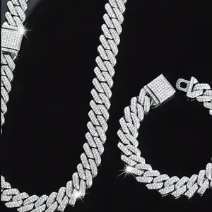 Punk Hip Hop Jewelry Set Silvery-plated Necklace & Bracelet 2pcs Set for Stylish Accessories Sparkling Design