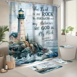 1pc/4pcs - Blue Ocean Coastal Rustic Nautical Sea Bathroom Set Full Set (with 12 Hooks), Non-slip Bath Mat, Toilet U-Shaped Mat, Toilet Seat Mat, Bathroom Decor And Accessories, Beach Lighthouse Beach Motivational Quote Shower Curtain Set