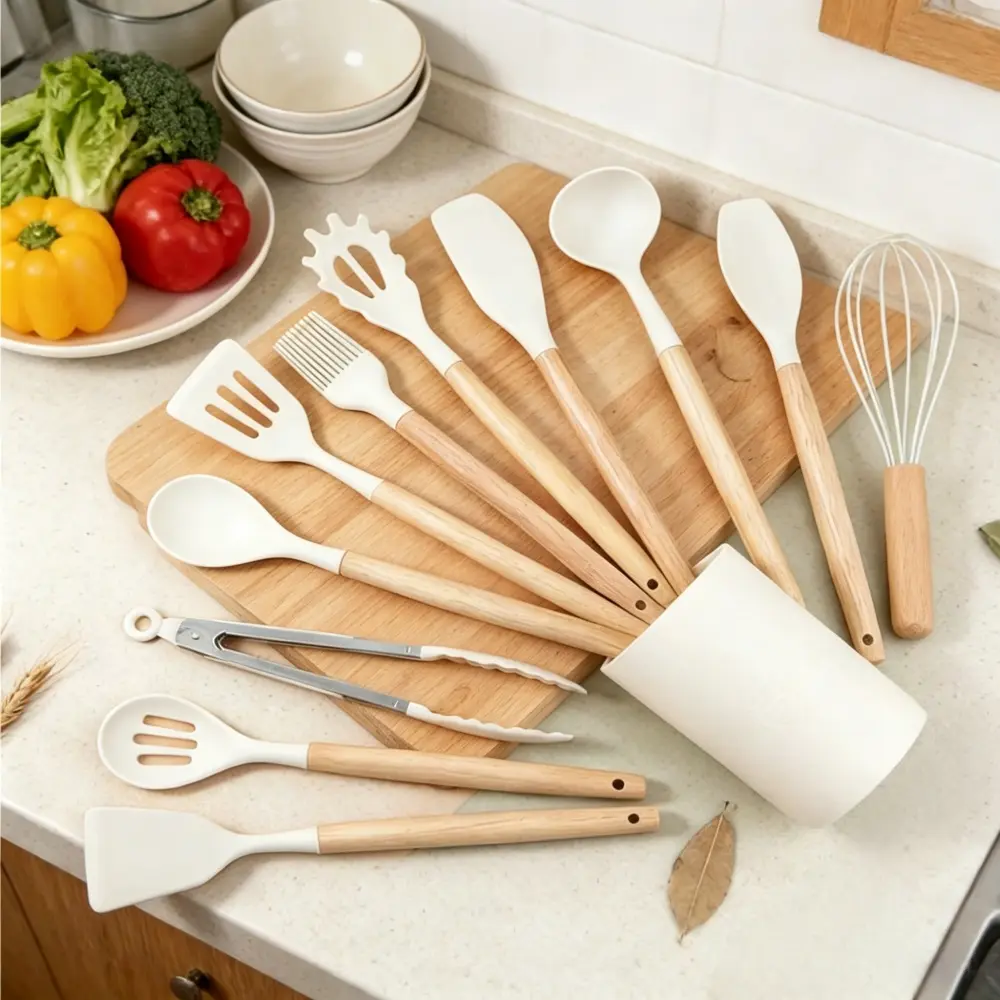 12Pcs Wooden Handle Silicone Kitchen Utensils Set Kitchen Essentials Heat Resistant Non Stick Kitchen Gadgets with Storage Bucket Gift for Housewarming Birthday Baking Daily Kitchen Cooking