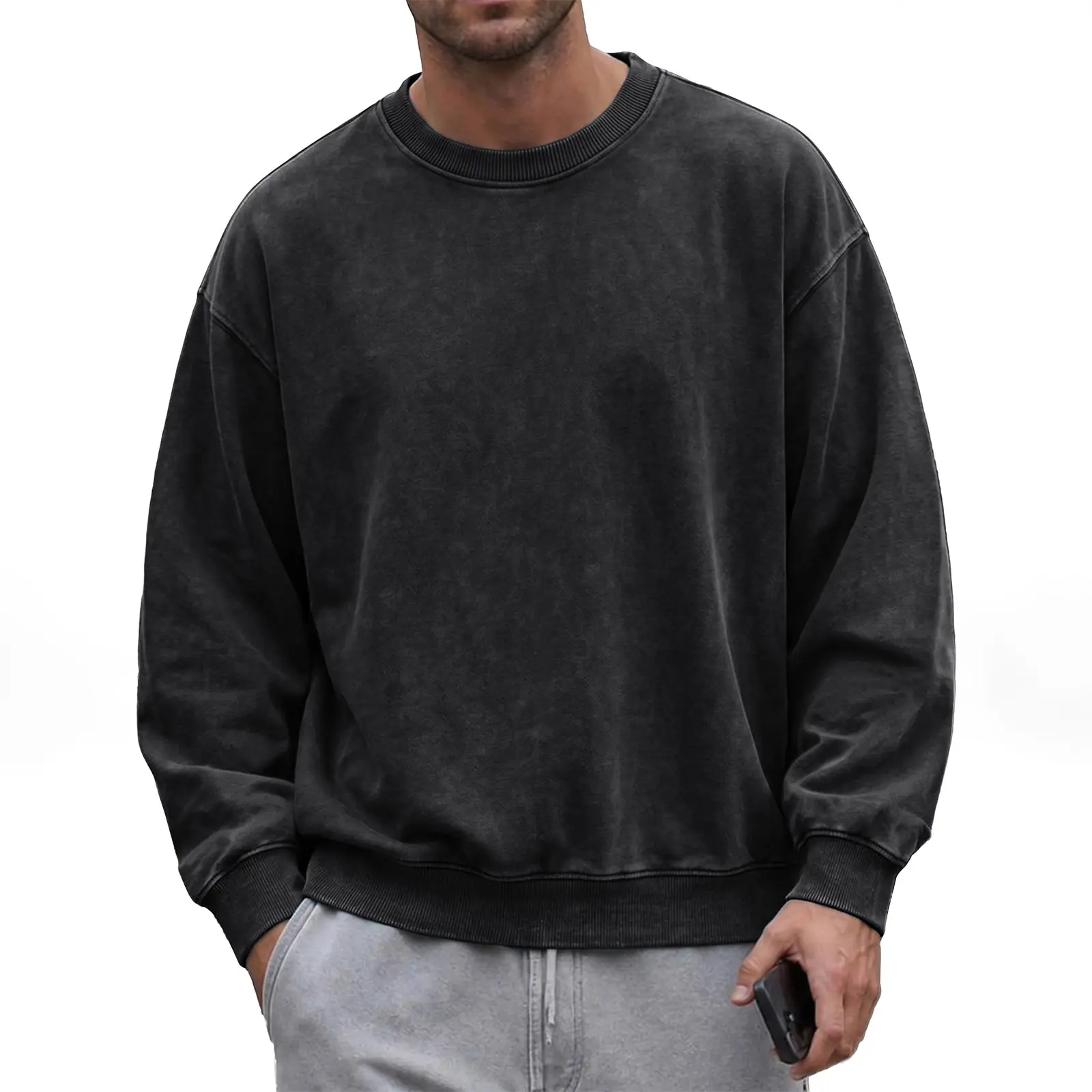JMIERR Men's Acid Wash Cotton Vintage Relaxed Fit Crewneck Sweatshirt | Ribbed Collar Cuffs, Long Sleeve Windproof Pullover, Drop Shoulder Streetwear, Retro Wash Casual Top, Fall Winter Outfit