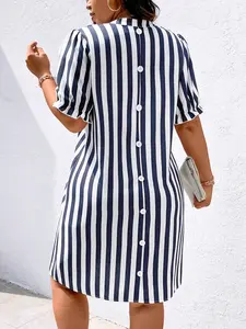 Plus Size Women's Casual Striped Dress, Long Slim-Fitting Plain Design, Perfect for Daily Simple Wear, Short Sleeve Style