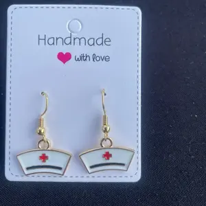 Handmade with Love Nurse Hat Earrings  Enamel Red Cross Design Medical Professionals