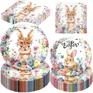 Easter Dinnerware Set 150 Pieces, Disposable Easter Plates and Napkins Set for 50 Guests, Heavy-Duty Paper Plates with Watercolor Bunny Floral Design, Food-Safe Party Supplies for Spring Gathering
