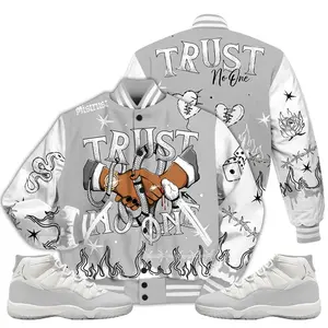 11 Grand Finale Varsity Jacket, Grand Finale 11s Letterman Jackets, Tattoo Trust No One T-Shirt To Match Sneaker Outfit Casual Fabric Womenswear Athletic