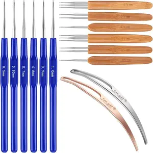 14 Pcs Dreadlock Crochet Hook Set Include 6 Dreadlocks Crochet Needle 2 Hair Locking Tools 6 Hooks 0.5 mm 0.75 mm Needle Weaving, 1/2/3 Hooks for Locs Braid Craft(Blue)