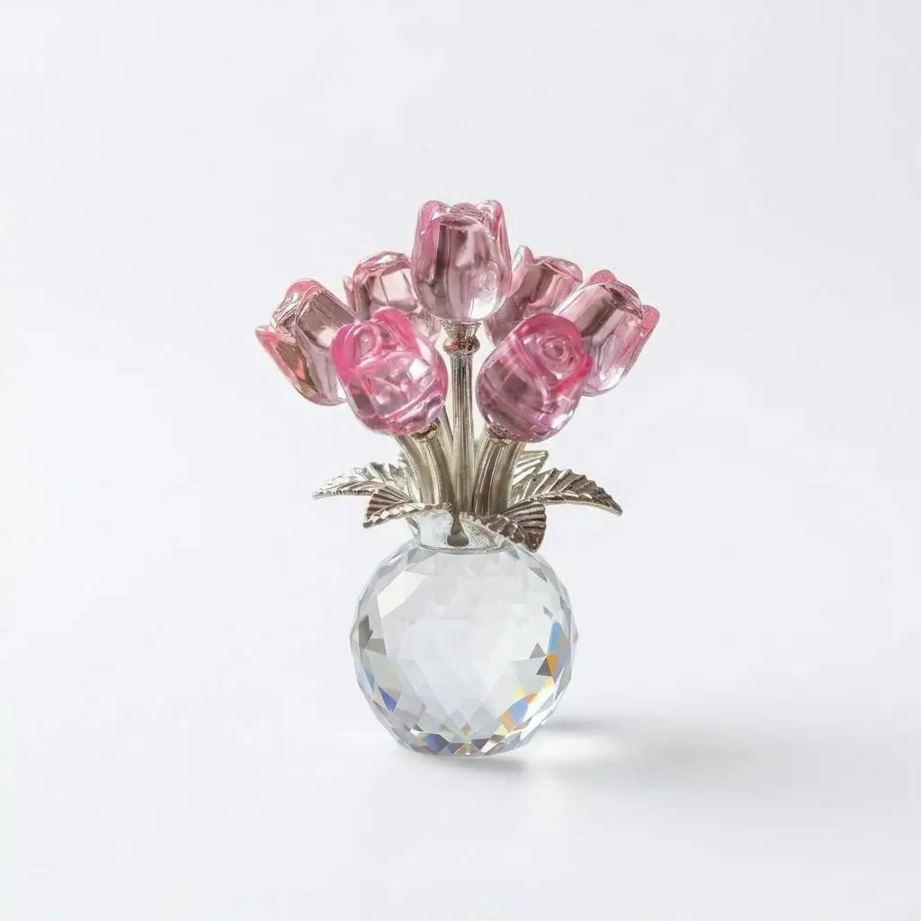 K9 Crystal Pink Rose Flower Figurine with Vase, Romantic Office Decor Gift for Wife, Valentine's Day/Anniversary Faux Rose Bouquet Ornament