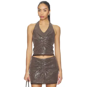 PRIVATE POLICY Gather Sequin Halter Top in Brown