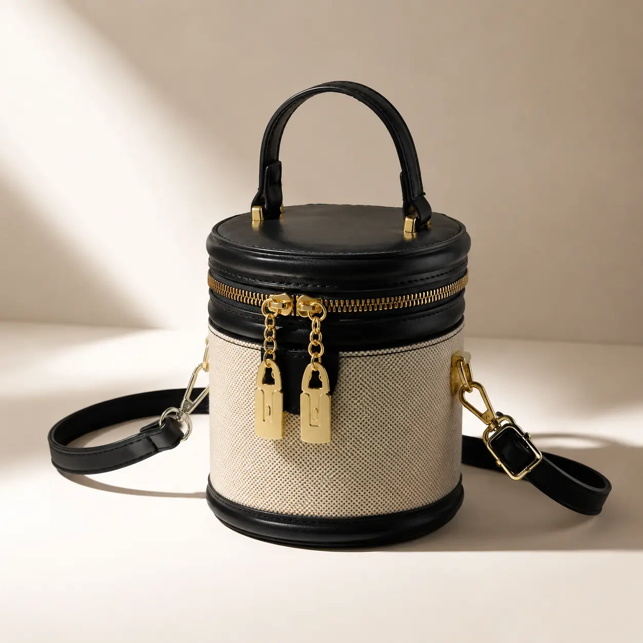 Women's Retro Colorblock Purse - Woven PU Leather Cylindrical Bucket Bag with Classic Rounded Handle, Detachable Crossbody Strap, Dual-Zipper, Structured, Lightweight, Gold, Street & Casual Wear Top-Handle Handbag, Fashionable Unique Bags, Structured Form