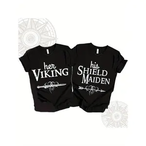 1pc Couple Shirt- Viking Shirt, Men and Women Matching Viking T-Shirt, Couple Viking Matching T-Shirt, Northern Men's Gift, Viking Gift Black- 180g Pure Cotton Single-Sided Printed Round Neck Short Sleeve T-Shirt, Suitable for Men and Women LHD, PLUS