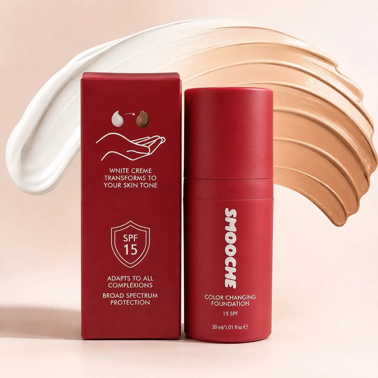 Smooche Color Changing Foundation, 30ml Self-Adjusting Liquid Facial Makeup with Color-Adapting Micro-Pigments, Hydrating Wear, Light Shade, Medium Sheer, Natural-Looking Finish, Easy-to-Blend BB-CC Cream